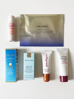 6 Piece Beauty Travel Set ~ Shiseido, Ferragamo, Estee Lauder